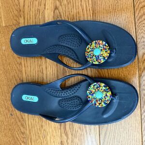 Oka-B Navy Blue Beaded Medallion Flip Flop Sandals Womens Size ML Made in USA